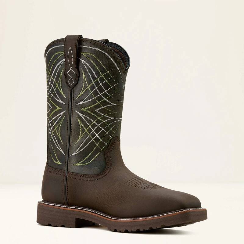 Ariat Activator: Rugged Steel Toe Boots for the Modern Man. Waterproof, Western Flair, Built to Last. Brown and Green.